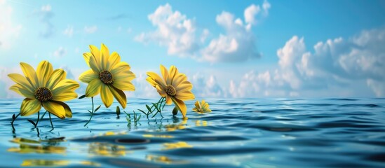 Poster - yellow flowers set against a background of the sea. copy space image. place for adding text and desi