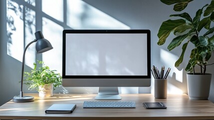 Poster - A modern workspace featuring a sleek desk with a computer, notebook, and desk lamp, set against a clean, minimalist background for a professional look