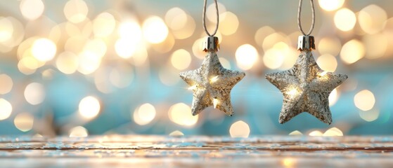 Sticker - Glistening star ornaments hanging against a backdrop of warm, soft lights, perfect for holiday and seasonal celebrations.