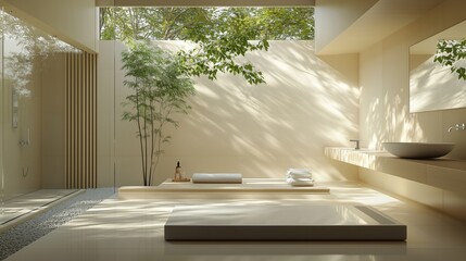 Wall Mural - A bathroom with a large window. The bathroom is very clean and has a minimalist design.