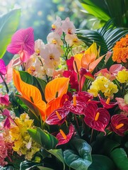 Poster - A bold arrangement of tropical flowers featuring orchids, birds of paradise, and anthuriums radiates color in a lush garden setting. Generative AI