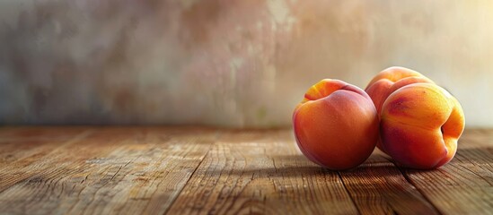 Canvas Print - Ripe peaches on a wooden surface. Copy space image. Place for adding text and design