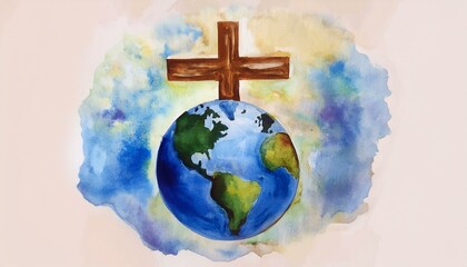 Global Faith: Watercolor Depiction of Earth and Christian Cross Symbolizing Spirituality and Belief