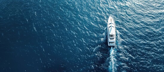 Poster - A stunning white yacht captured from above in the center of the ocean. Copy space image. Place for adding text and design