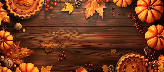 Poster - pumpkin pie pumpkins leaves and berries on a wooden surface. Copy space image. Place for adding text and design