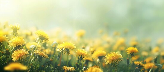 Wall Mural - Nature Spring Landscape featuring yellow taraxacum flowers in soft focus Meadow filled with blooming dandelions Scenic countryside in Spring Vibrant Spring natural backdrop for design