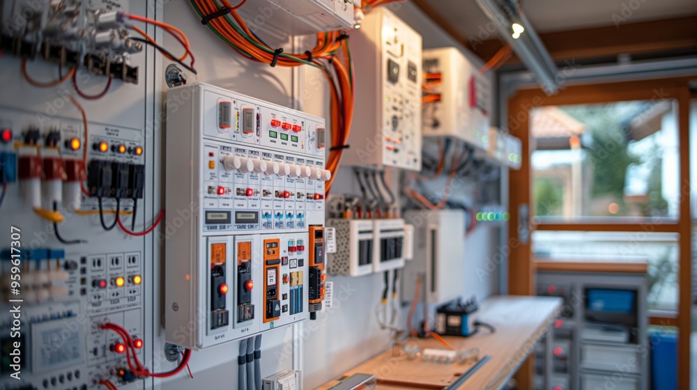 An electronic control panel with wiring and circuit components on a ...