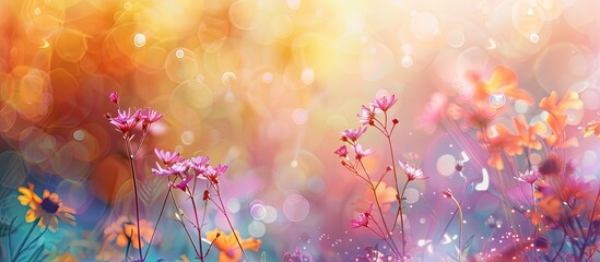 Sticker - Summer spring pastel blurred background Soft Easter colors Bokeh Abstract image of a fairy meadow with flowers Yellow orange pink purple nature wallpaper. Copy space image