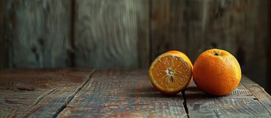 Sticker - oranges on an aged wooden table. Copy space image. Place for adding text and design