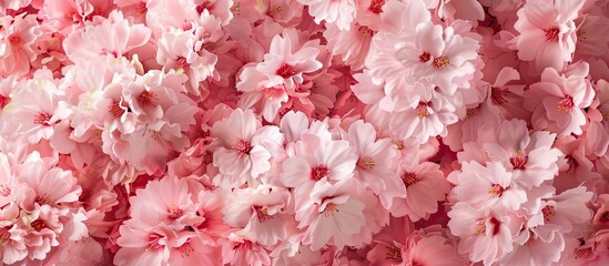 Wall Mural - Full frame image showcasing the texture of pink sakura blossoms. Copy space image. Place for adding text and design