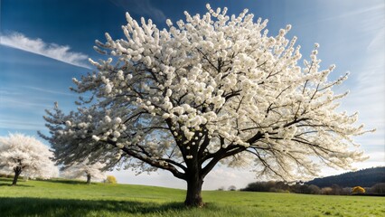 Poster - cherry tree with flowers on green field in spring.