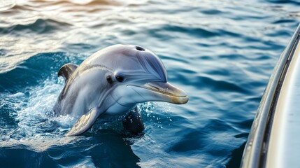 Aufkleber - A playful dolphin surfacing next to a boat, with its sleek body and curious eyes clearly visible above the water