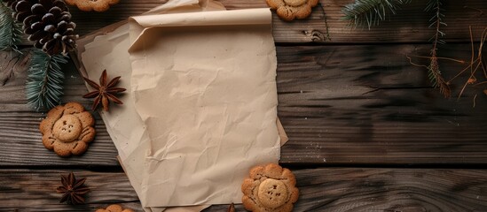 Wall Mural - Christmas cookies and letter paper with copyspace on a wooden background