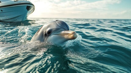 Aufkleber - A playful dolphin surfacing next to a boat, with its sleek body and curious eyes clearly visible above the water