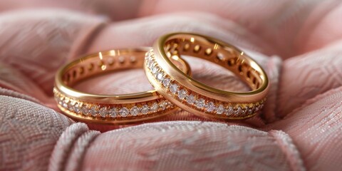 Custom gold wedding rings featuring diamond accents gracefully presented on a luxurious pink cushion.