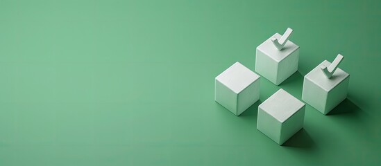 Four checkmarks on white cubes set against a vibrant green background with copy space This represents concepts such as a questionnaire checklist to do list planning business or verification A creativ