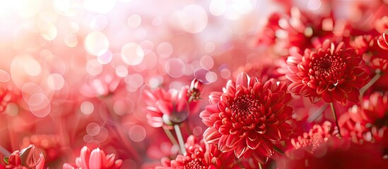 Poster - Flower banner design featuring beautiful red flowers fading into the distance Space for text Greeting background with chrysanthemum flowers Blurred backdrop. Copy space image