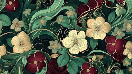 Wall Mural - Intricate floral pattern with lush burgundy and cream blooms