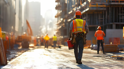 Poster - Construction workers on a site during sunset, focused on their tasks.