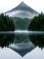 Wall Mural - Mystical Mountain Serenity: Tranquil Foggy Forest Lake in Soft Light - Watercolor Style High-Angle Shot with Clear Focus