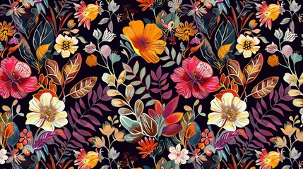 Wall Mural - Colorful floral pattern on dark background with diverse plants