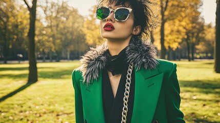 Chic Park Stroll: A Fashionable Figure in a Striking Green Suit with Fuzzy Accessories - Perfect for a Stylish Sports Interior Poster!