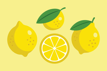 Wall Mural - Set of lemons in doodle style. Collection of lemons on a branch, a slice of a lemon, half a lemon. Vector