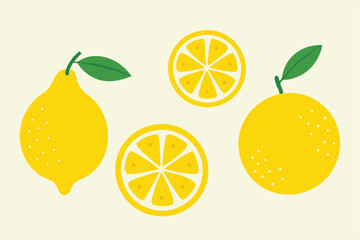 Wall Mural - Set of lemons in doodle style. Collection of lemons on a branch, a slice of a lemon, half a lemon. Vector