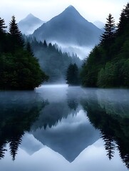 Sticker - mystical dark forest: eerie foggy mountains reflection in water birds eye view - watercolor style wi