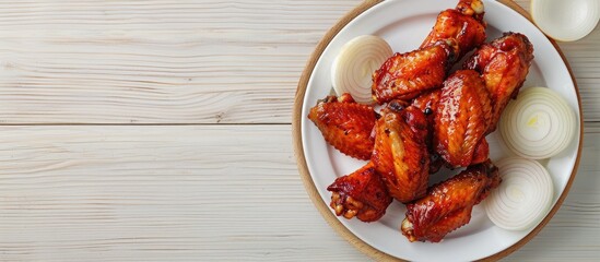 Canvas Print - Chicken wings on a plate alongside onion on a light wooden background with copy space Culinary backdrop Eastern cuisine Street food Weekend barbecue