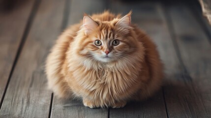 Poster - A round, orange cat with fluffy fur sitting on a wooden floor, gazing directly at the camera with a sweet and gentle look.
