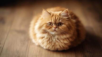 Poster - A round, orange cat with fluffy fur sitting on a wooden floor, gazing directly at the camera with a sweet and gentle look.