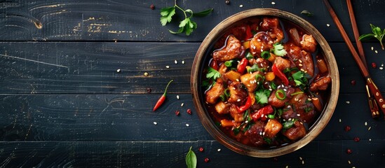 Wall Mural - Asian dish featuring beef and chicken with sweet and sour chili sauce. Copy space image. Place for adding text and design