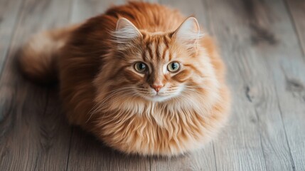 Poster - A round, orange cat with fluffy fur sitting on a wooden floor, gazing directly at the camera with a sweet and gentle look.
