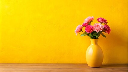 Wall Mural - Yellow vase with pink blooms on colorful table against vibrant yellow wall