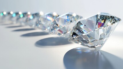 Fototapete - A row of shimmering diamonds lined up neatly on a pure white background, their facets catching and refracting light in every direction.