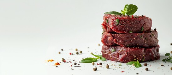 Stack of raw beef steaks and spices against a white background Healthy food concept with copyspace for text Selective focus