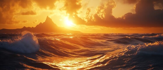 Wall Mural - Golden Sunset Over a Rocky Island and Ocean Waves