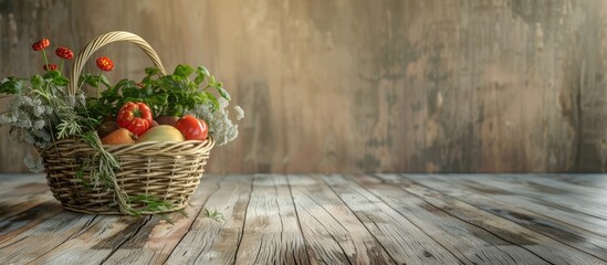 Poster - Fresh organic vegetable basket on a wooden floor with copy space still life