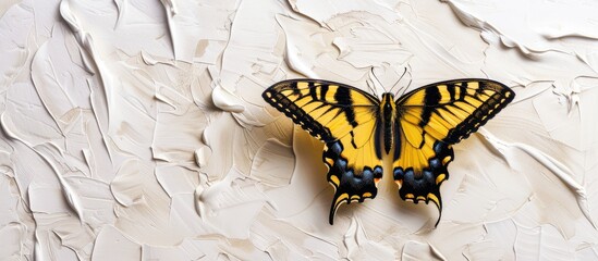 Poster - copy space featuring a stunning yellow swallowtail butterfly resting on white wallpaper with its win