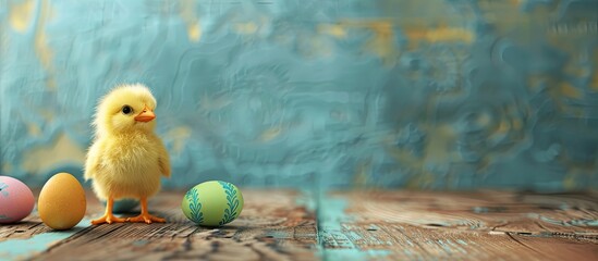 Canvas Print - Happy Easter chick and Easter eggs on a wooden table with room for text. Copy space image. Place for adding text and design