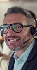 Sticker - Mature person, call center and microphone for technical support with face as professional or virtual assistant. Sales agent, businessman and portrait with headset for customer service or crm in Malta