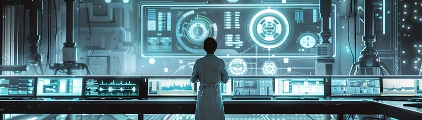 Poster - A scientist observes advanced technology in a futuristic lab, surrounded by digital displays and holograms.