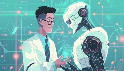 Poster - A scientist interacts with an advanced robot, showcasing the blend of technology and human intelligence in a futuristic setting.