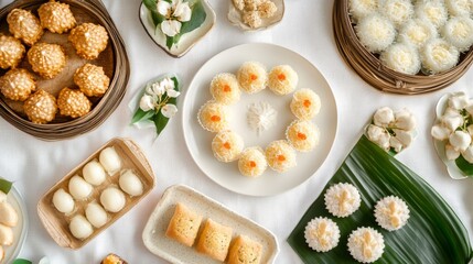 Poster - A selection of delicate Thai pastries and sweets, including coconut custard and lotus seed cakes, placed on a white tablecloth for a clean and fresh look