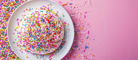 Canvas Print - Colorful sprinkles on a plate against a pink background decoration for cakes and baked goods copy space