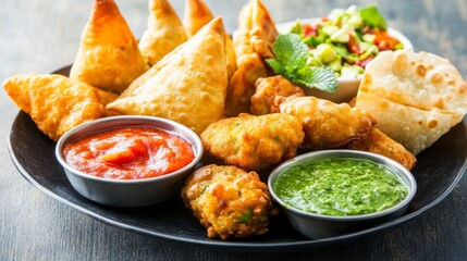 Wall Mural - A selection of Indian appetizers including vegetable pakoras, samosas, and paneer tikka, served with mint and tamarind chutneys