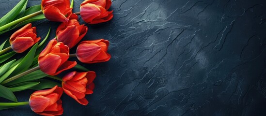 Wall Mural - A lovely tulip bouquet arranged on a blackboard wooden frame with space for text design Top view Mother s Day theme. Copy space image. Place for adding text and design