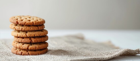 Sticker - Homemade oatmeal shortbread cookies are stacked on sackcloth atop a white table background This represents a healthy snack idea for enjoyment during the holidays with copy space for text