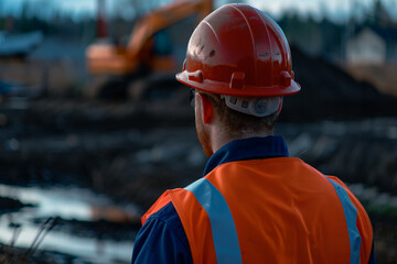 a helmeted builder, scaffolding in the distance, Grinning, look straight ahead